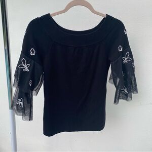 Y2K INC Black Knit & Tulle Beaded Sweater Top Size Large